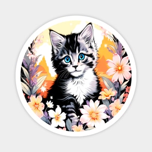 Black and Grey Kitten Surrounded by Spring Flowers Magnet